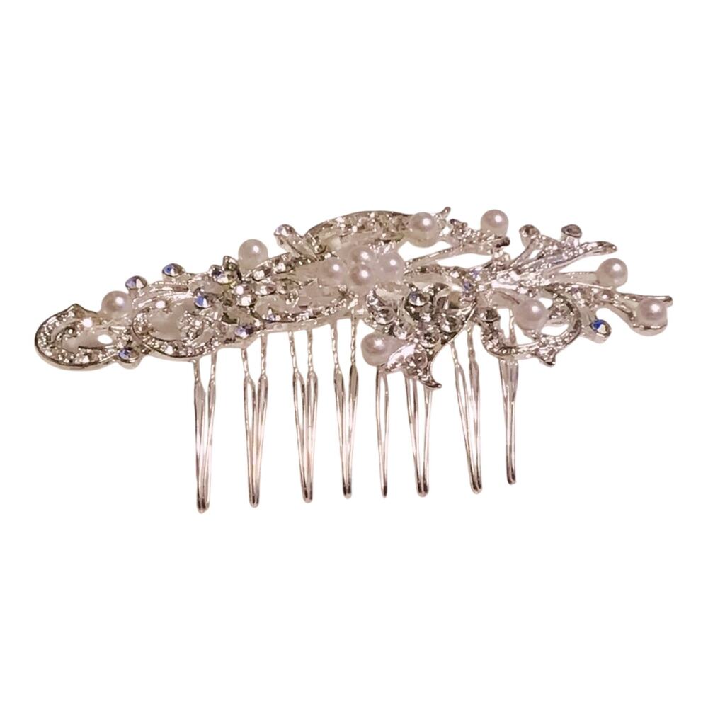 Silver Hair Comy Crystal Rhinestone Jewelry Piece Faux Pearl Wedding Bridal Vtg